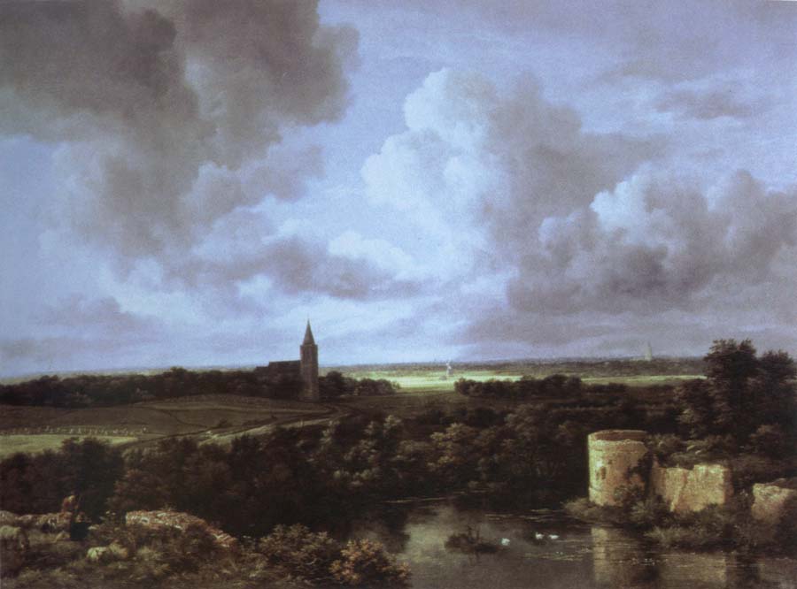 an extensive landscape with a ruined castle and a village church